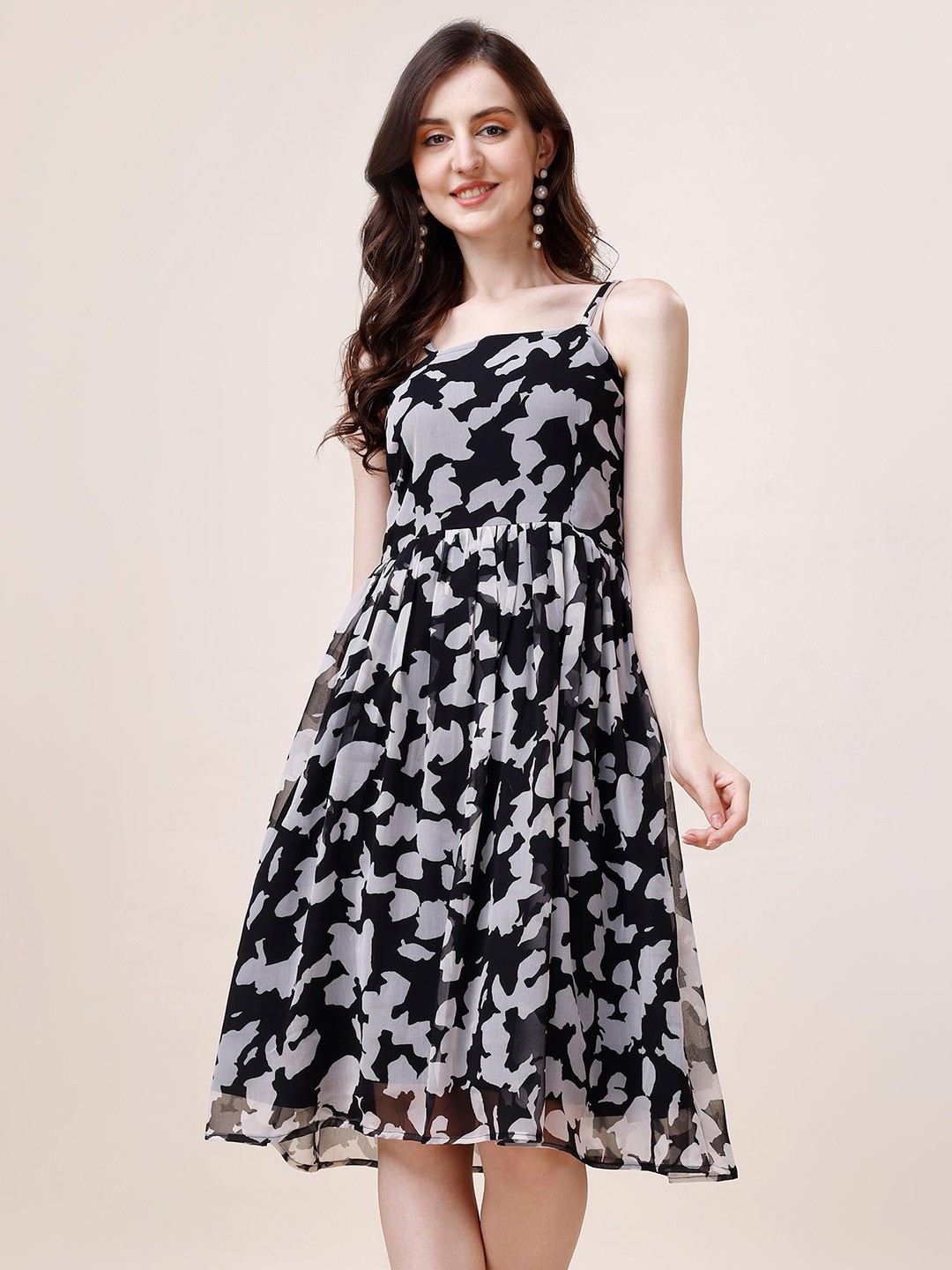 

Fashion2wear Print Georgette Fit & Flare Dress, Black