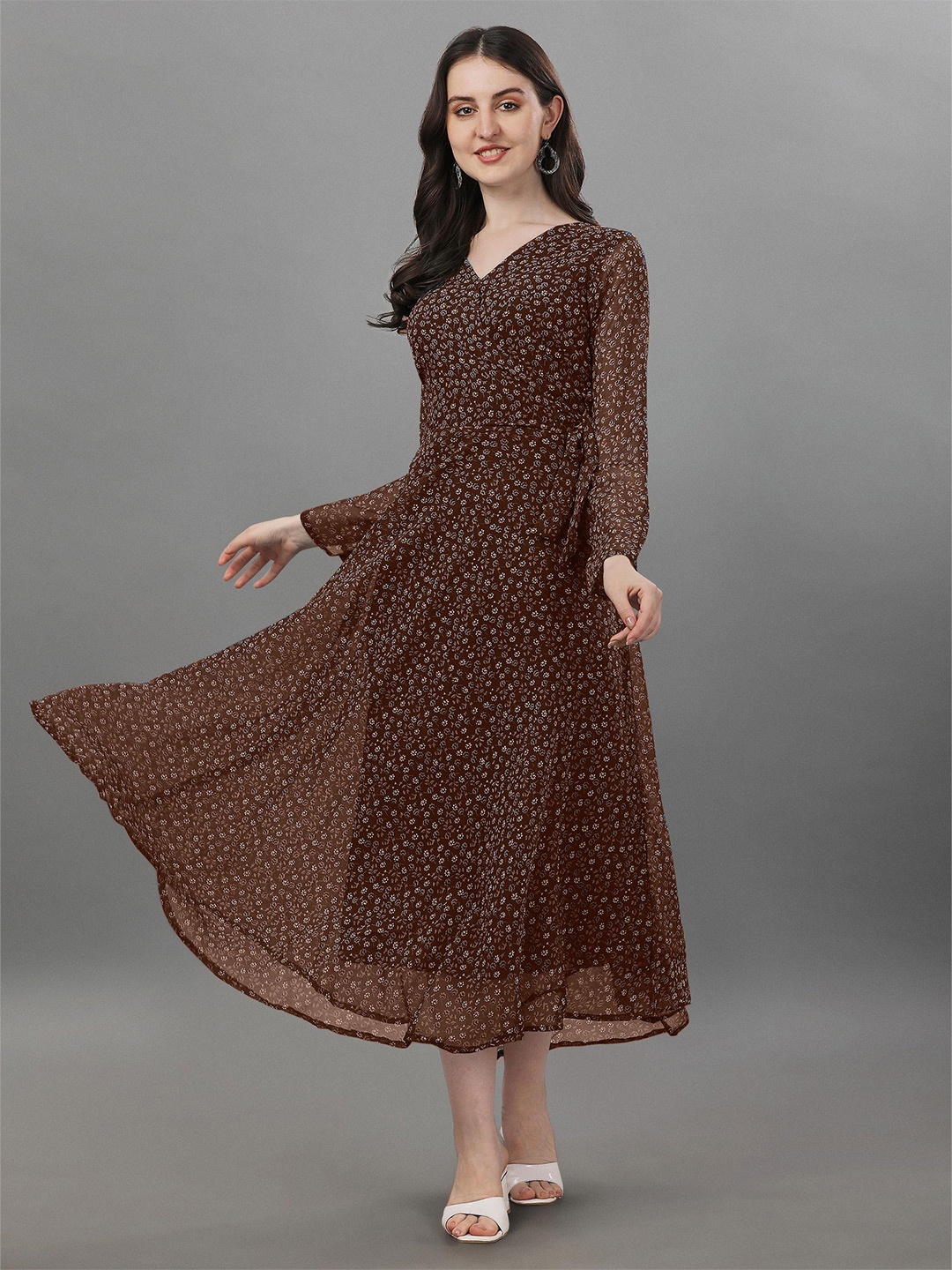 

Fashion2wear V Neck Long Sleeves Polka Dot Print Georgette Fit & Flare Midi Dress, Brown