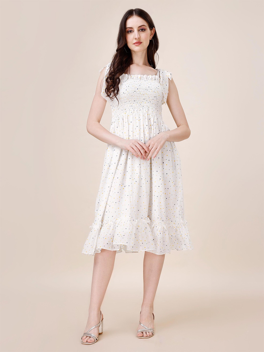 

Fashion2wear Polka Dots Printed Shoulder Straps Smocked Georgette Fit & Flare Midi Dress, White