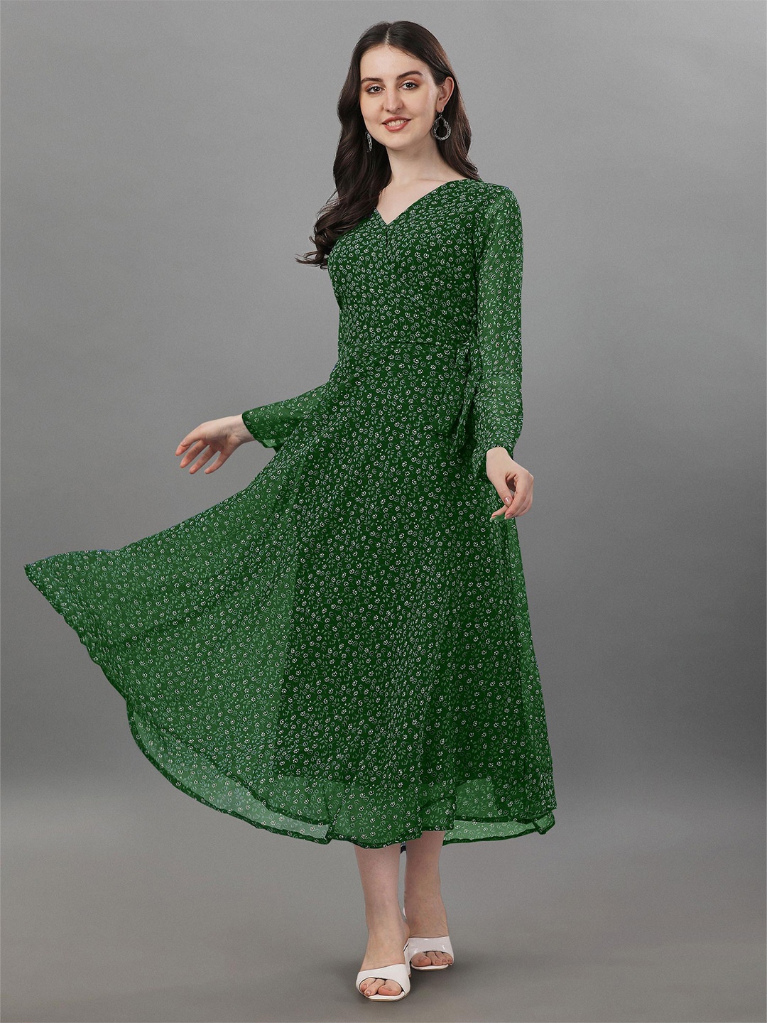 

Fashion2wear Floral Dot Print V-Neck Long Sleeves Georgette Fit & Flare Midi Dress, Green
