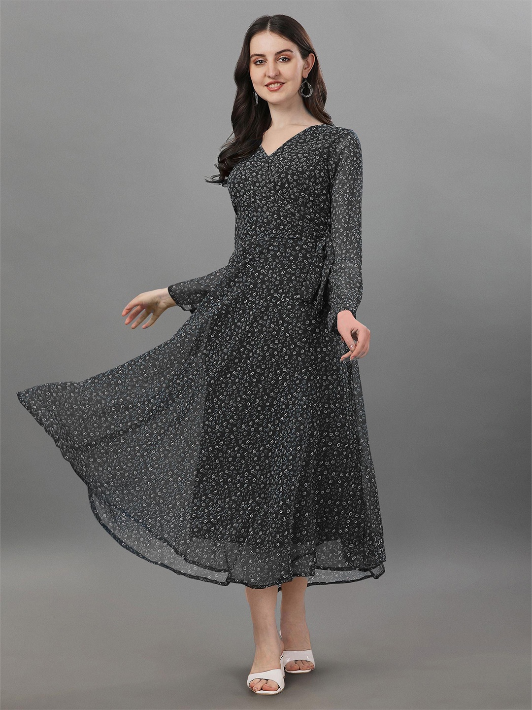 

Fashion2wear Floral Printed V-Neck Georgette Fit & Flare Midi Dress, Black