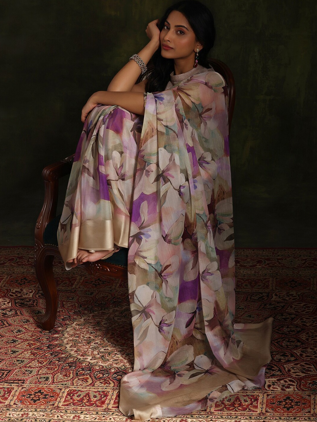 

Libas Olive Floral Printed Saree