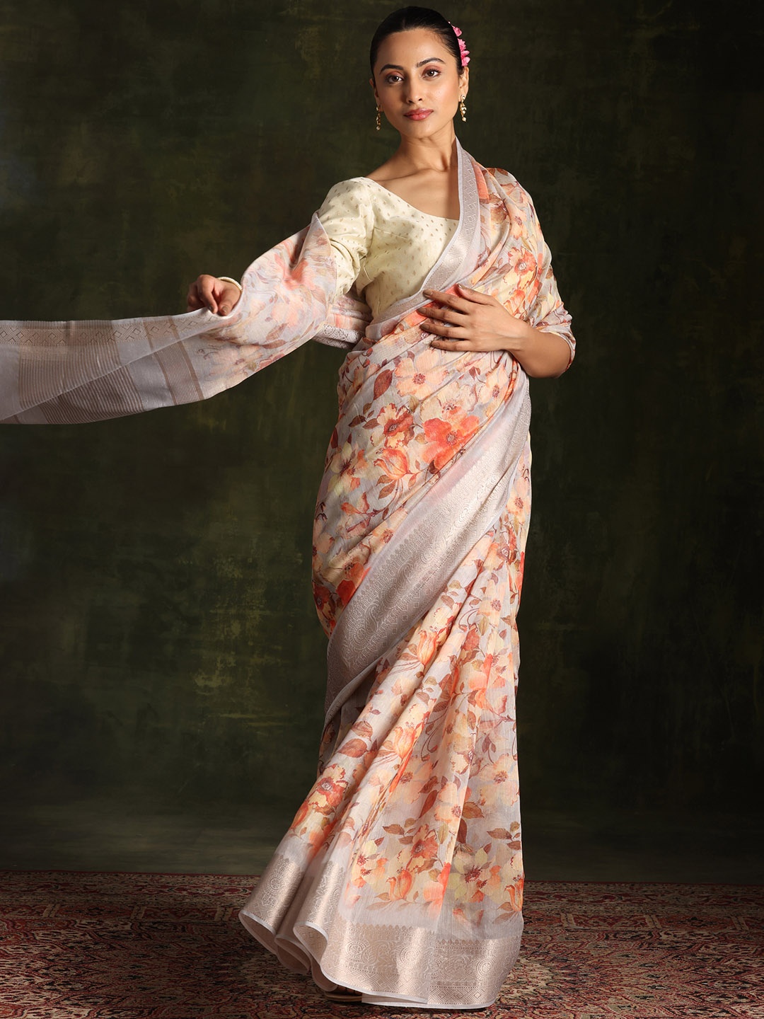 

Libas Grey Floral Zari Chanderi Saree