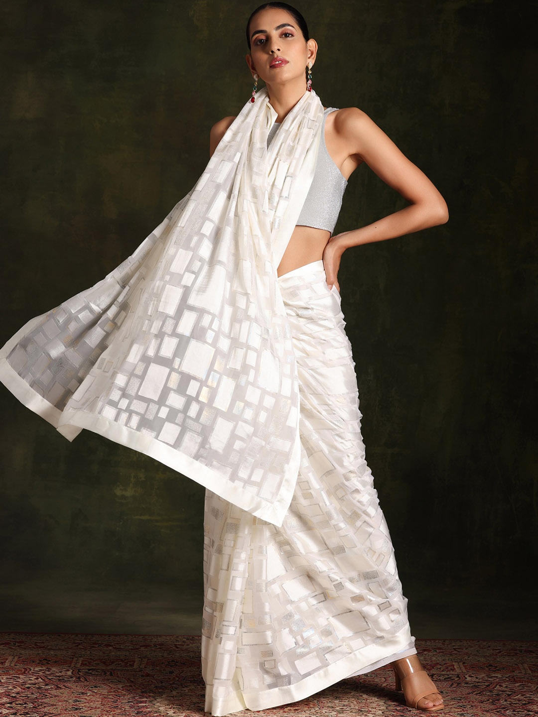 

Libas White Geometric Woven Design Brasso Saree, Off white
