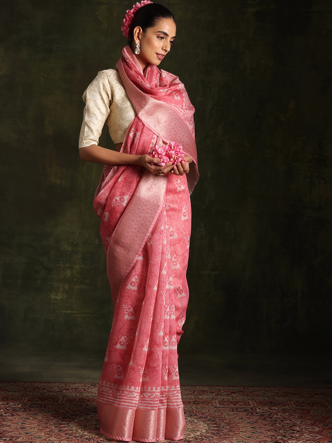 

Libas Ethnic Motif Printed Zari Chanderi Saree, Pink