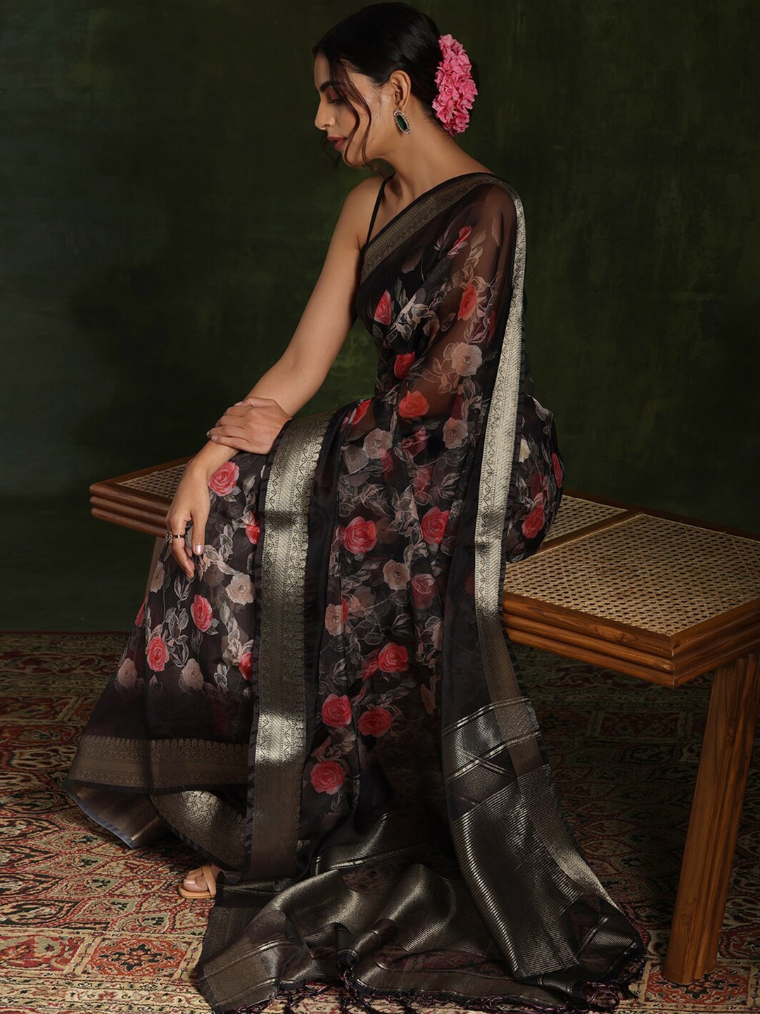 

Libas Floral Printed Zari Border Organza Saree, Black