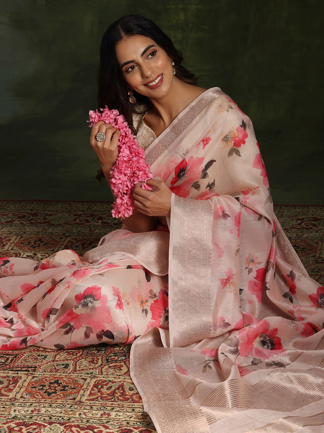 

Libas Pink Floral Zari Chanderi Saree