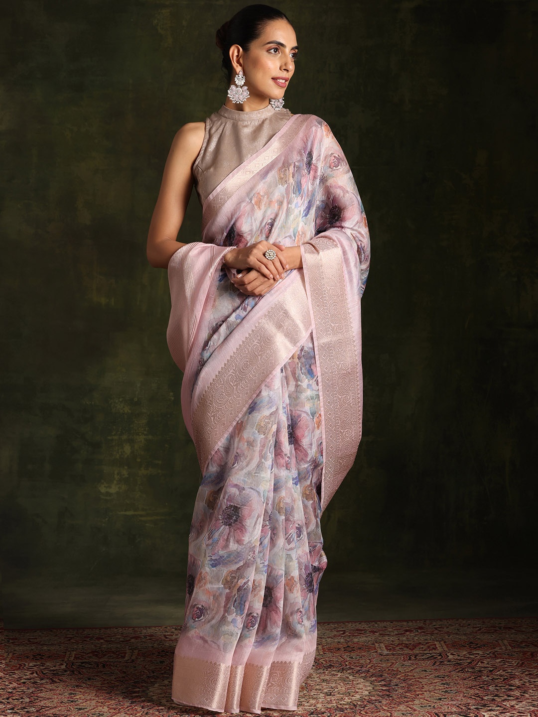 

Libas Grey Floral Zari Chanderi Saree