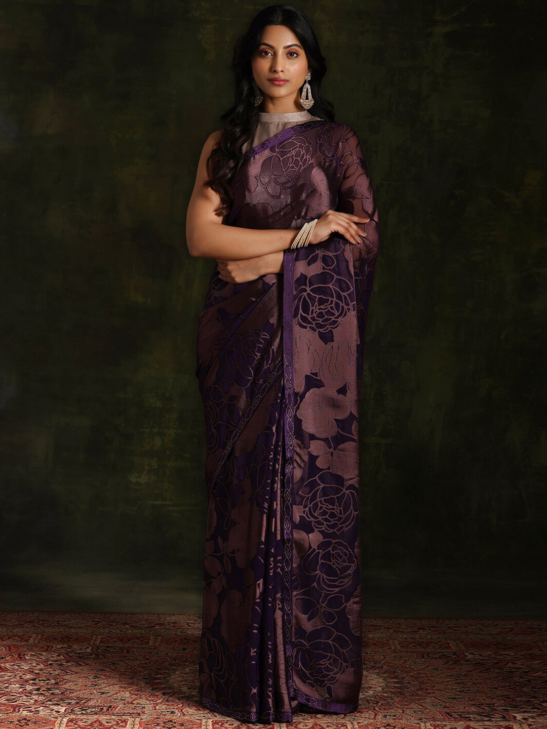 

Libas Purple Floral Beads and Stones Brasso Saree