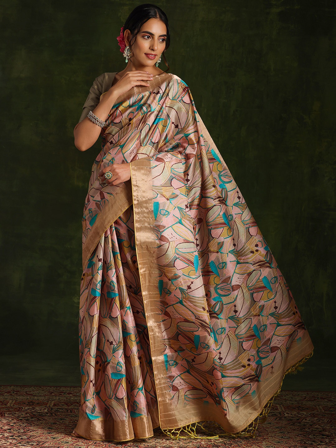 

Libas Green Abstract Printed Zari Saree