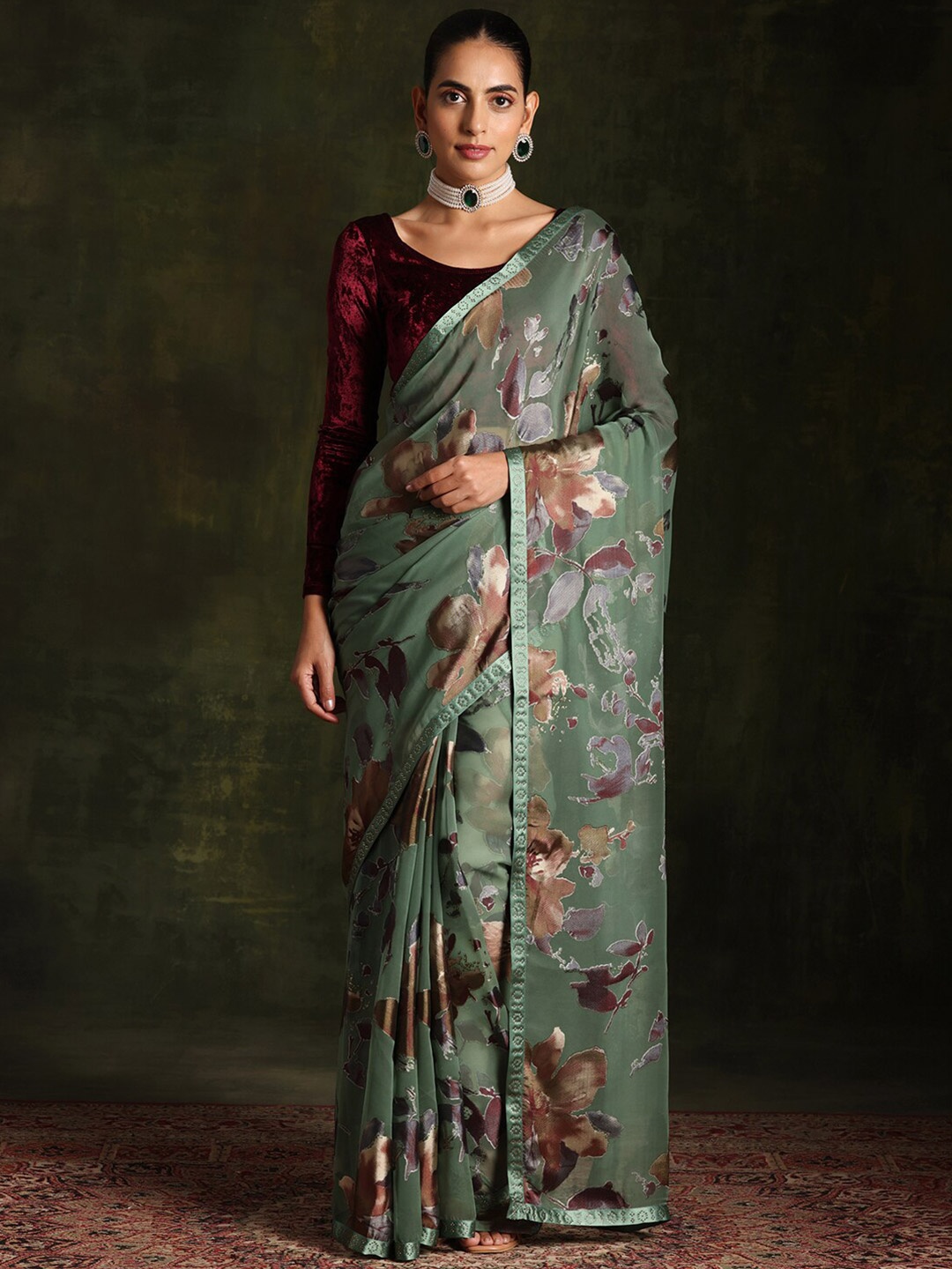 

Libas Green Floral Beads and Stones Brasso Saree