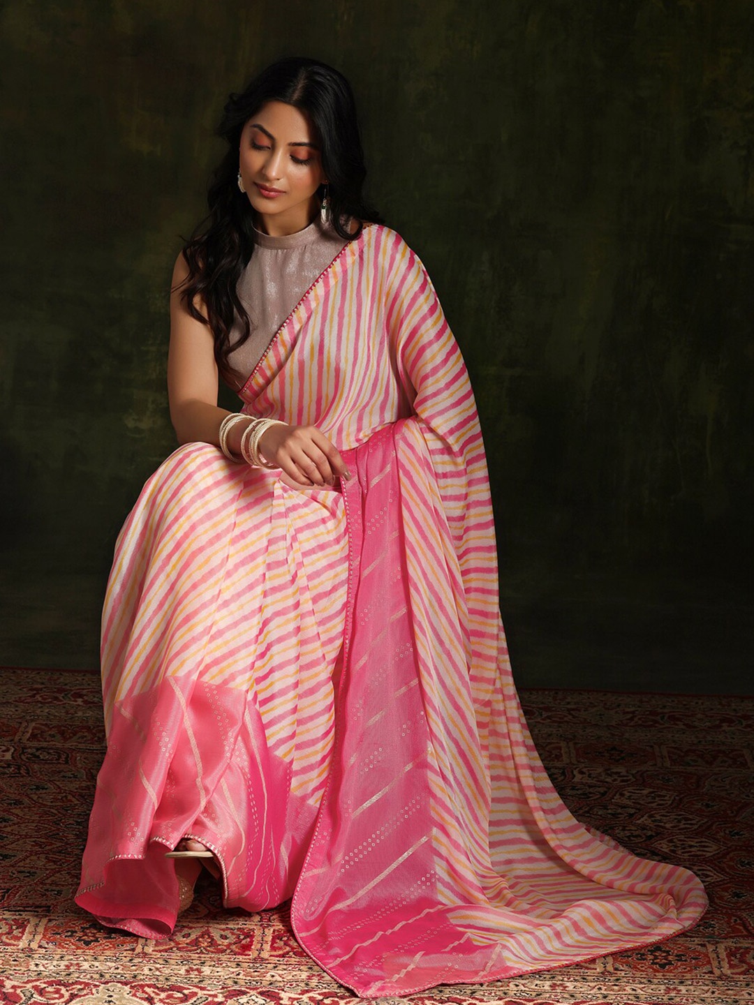 

Libas Pink Striped Printed Zari Saree