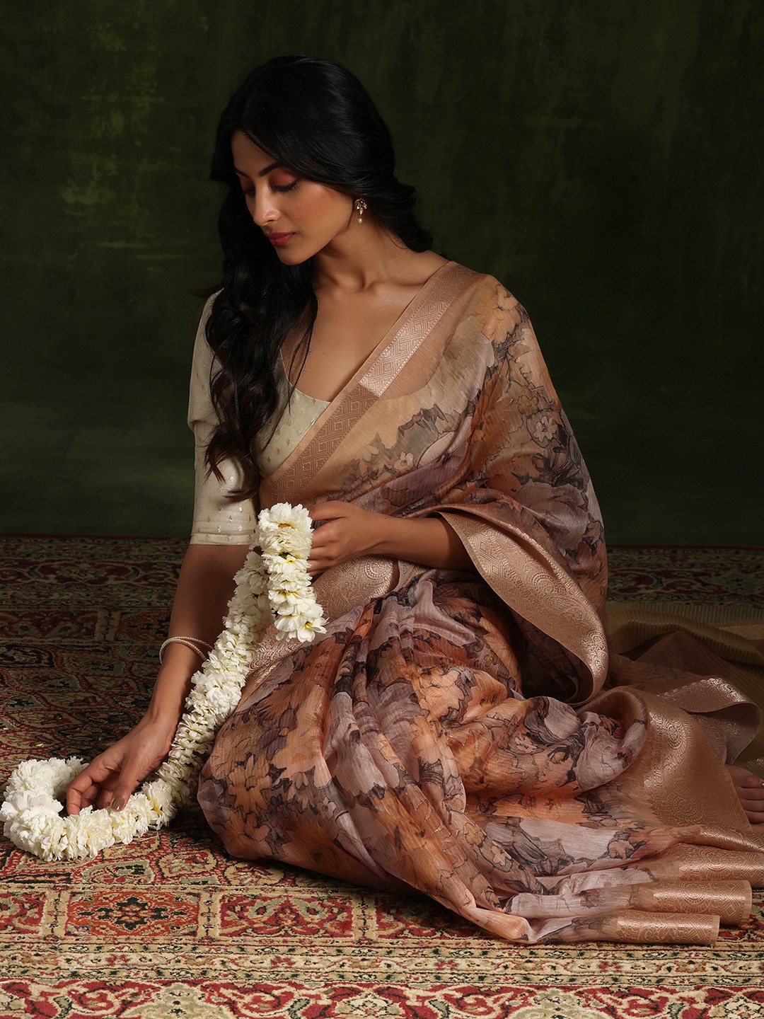 

Libas Gold Toned Floral Zari Chanderi Saree