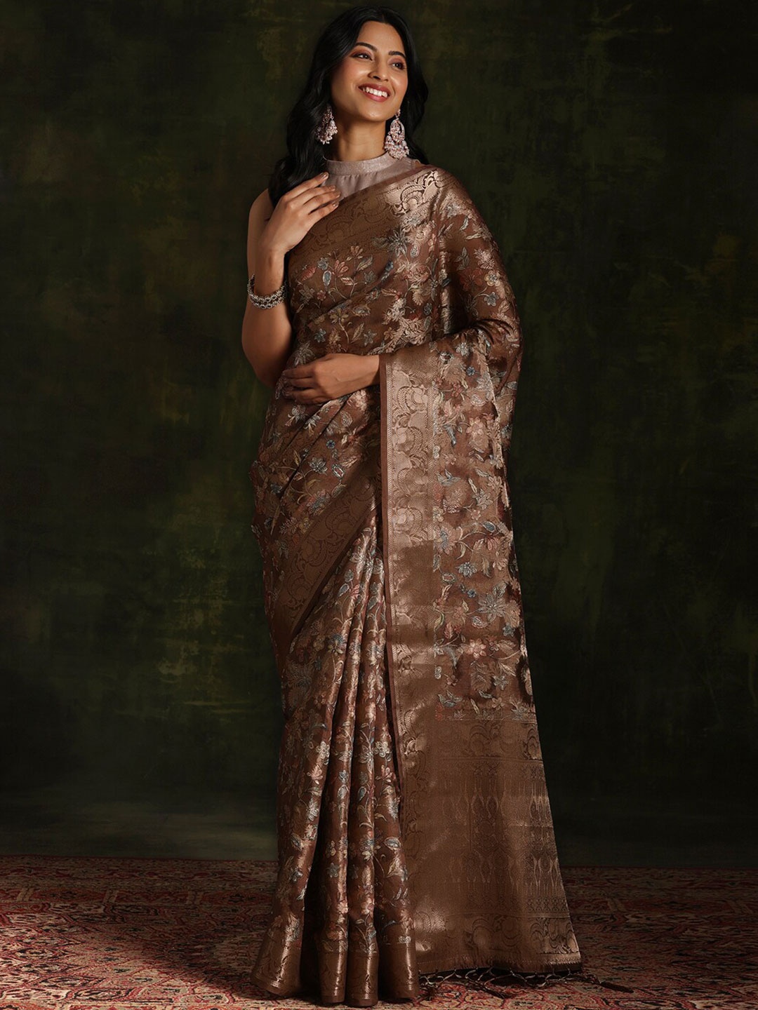 

Libas Brown Woven Design Zari Brocade Saree