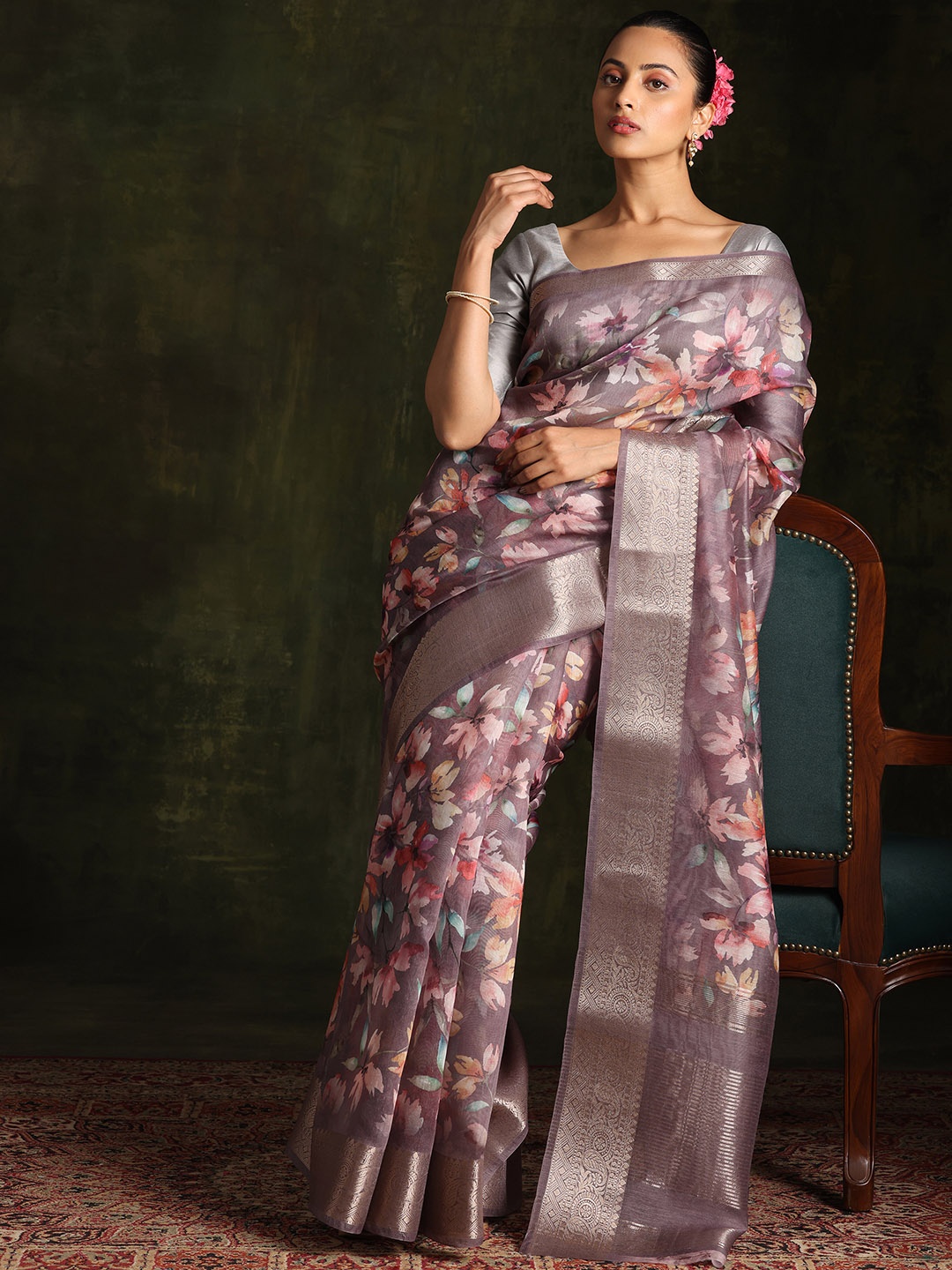 

Libas Floral Printed Zari Chanderi Saree, Grey