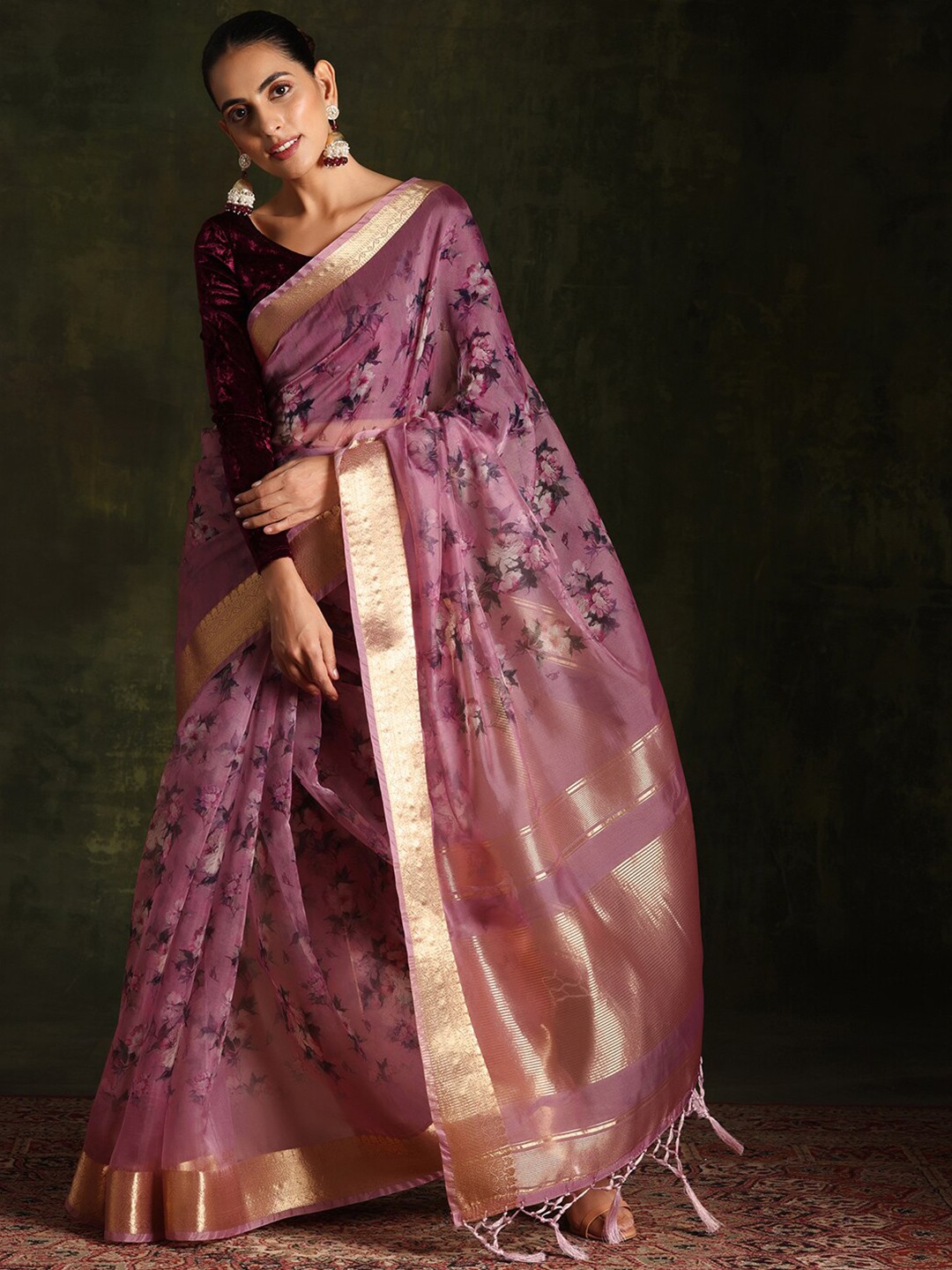 

Libas Floral Printed Zari Organza Saree, Purple