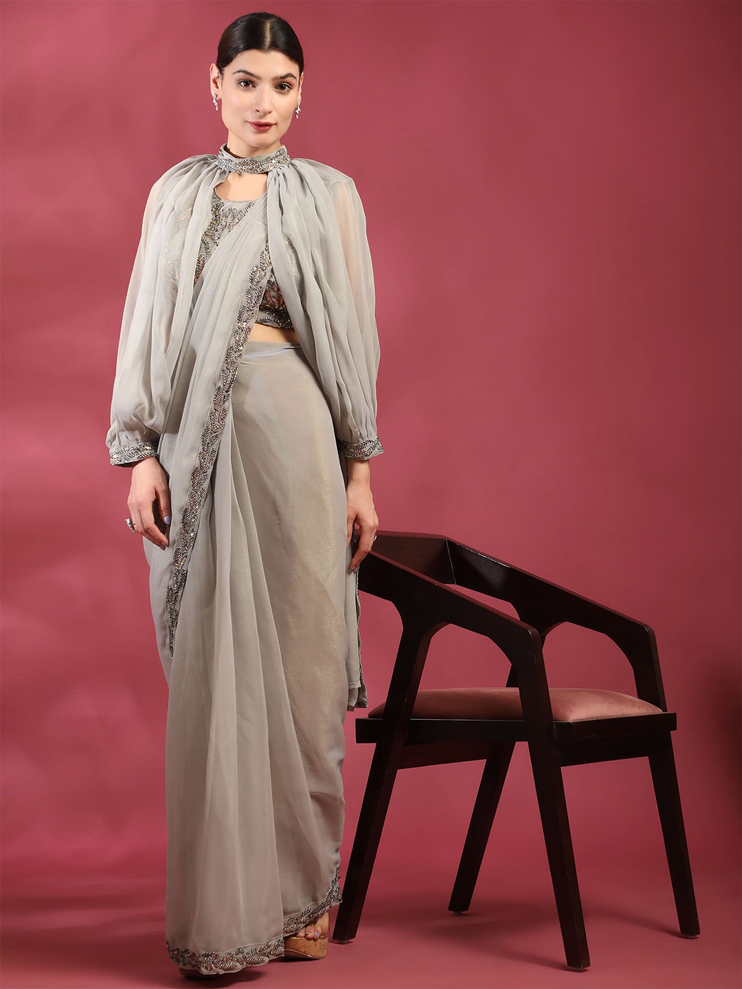 

AMOHA TRENDZ Sequinned Detailed Ready to Wear Saree With Stitched Blouse, Grey