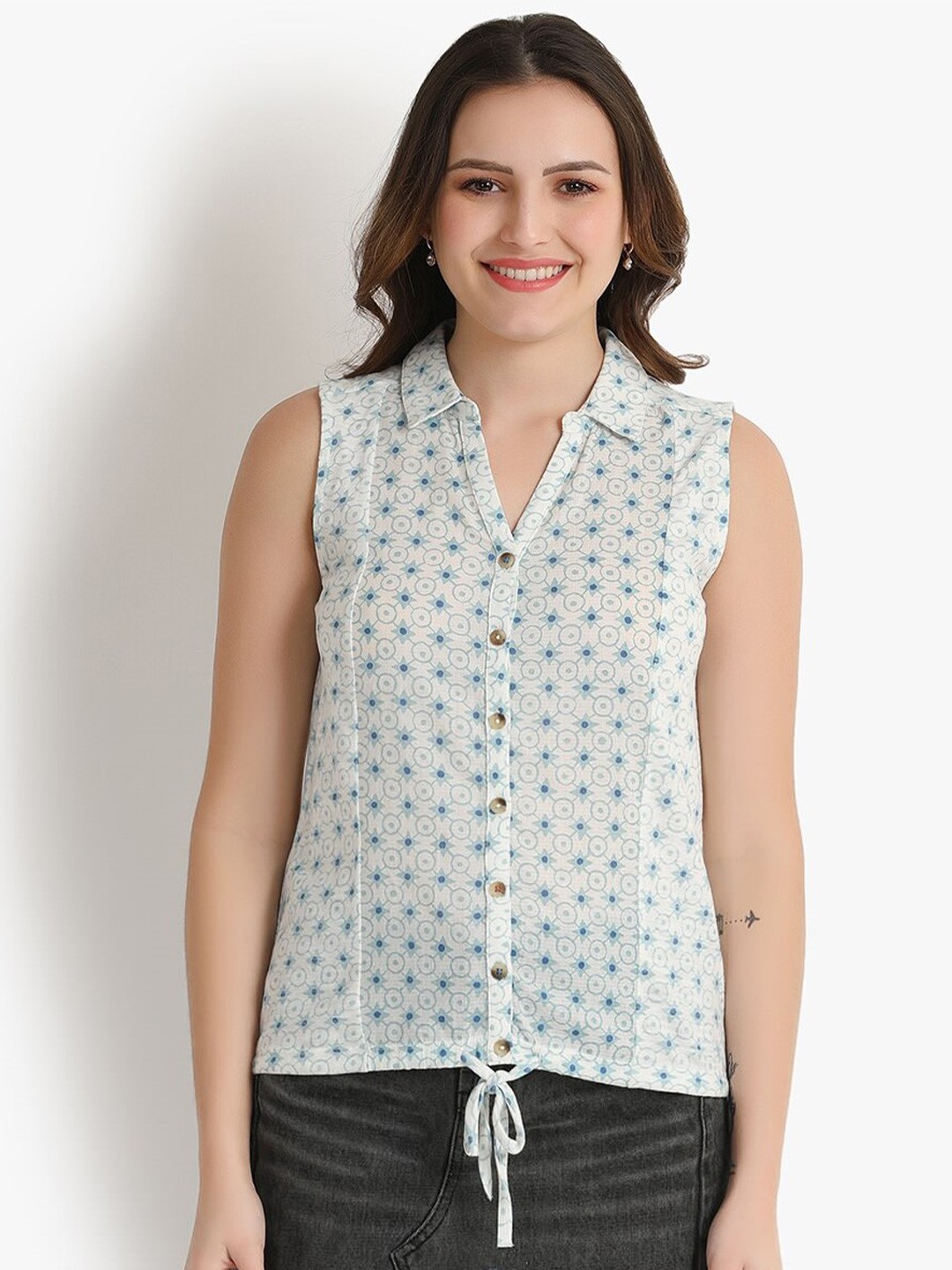 

putsum Classic Floral Printed Spread Collar Sleeveless Cotton Casual Shirt, White