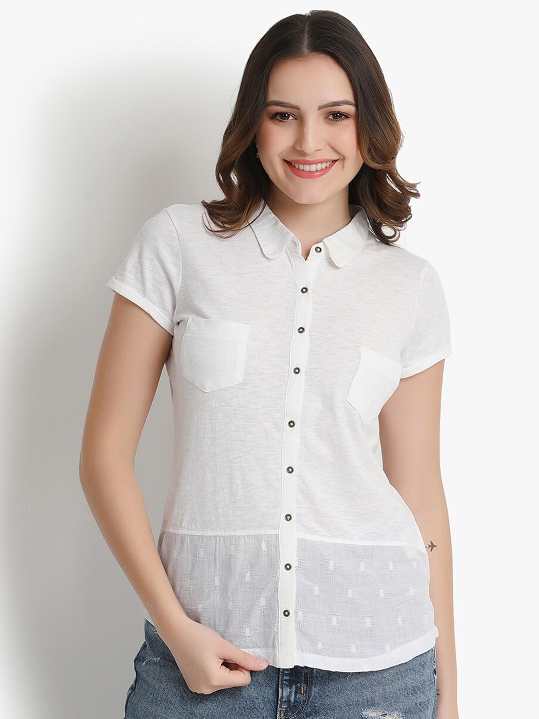 

putsum Classic Printed Spread Collar Short Sleeves Cotton Casual Shirt, White