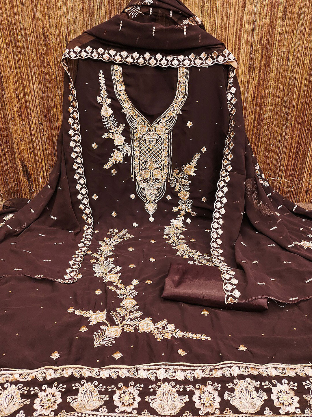 

Leeza Store Embroidered Unstitched Dress Material, Brown