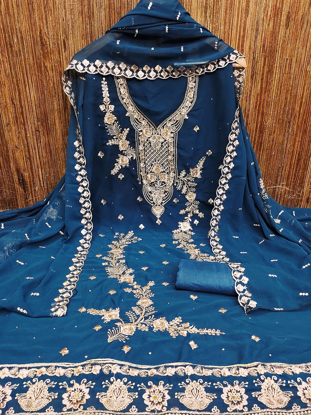 

Leeza Store Embroidered Unstitched Dress Material, Blue