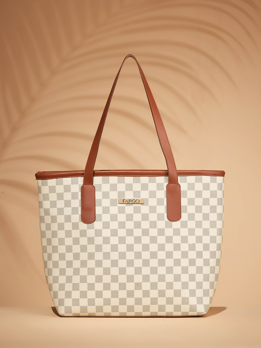 

FARGO Checked Oversized Structured Shoulder Bag - Up to 12 inch Laptop, Beige