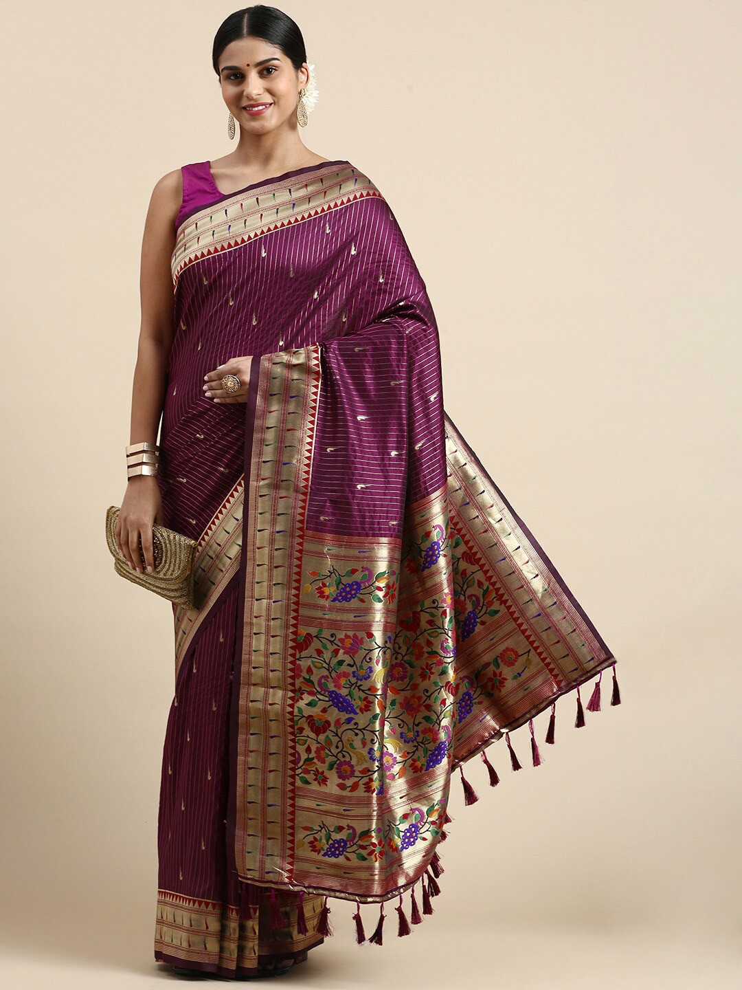 

PATLIPALLU Ethnic Motifs Woven Design Zari Paithani Saree, Burgundy