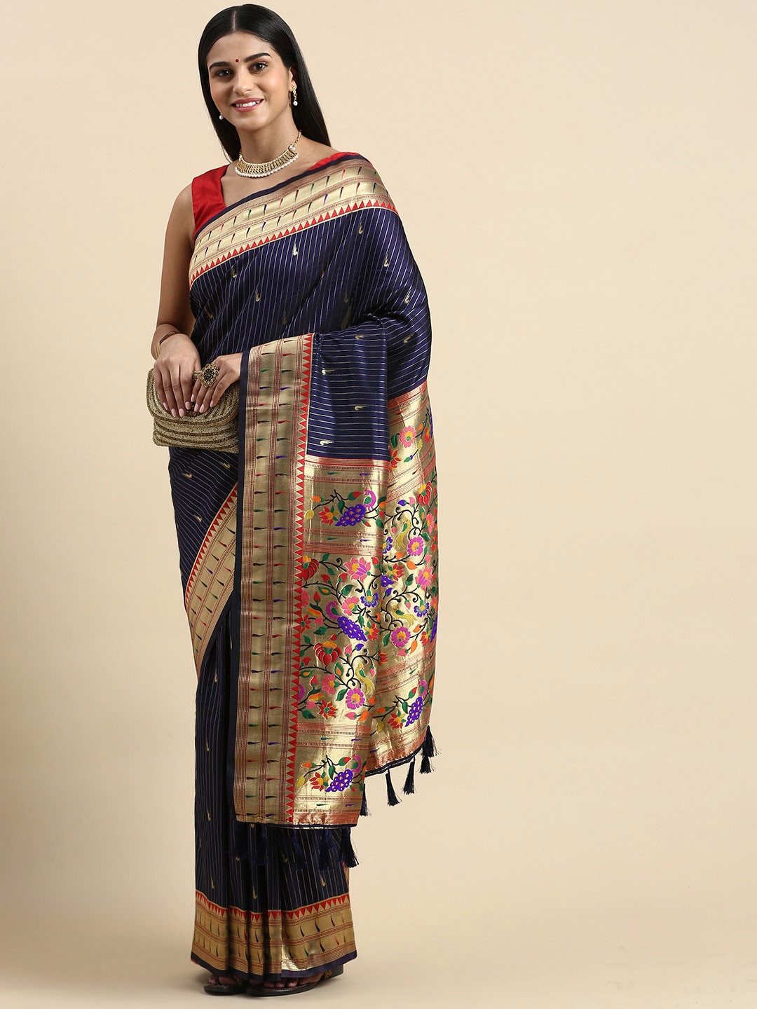 

PATLIPALLU Ethnic Motifs Woven Design Zari Paithani Saree, Navy blue