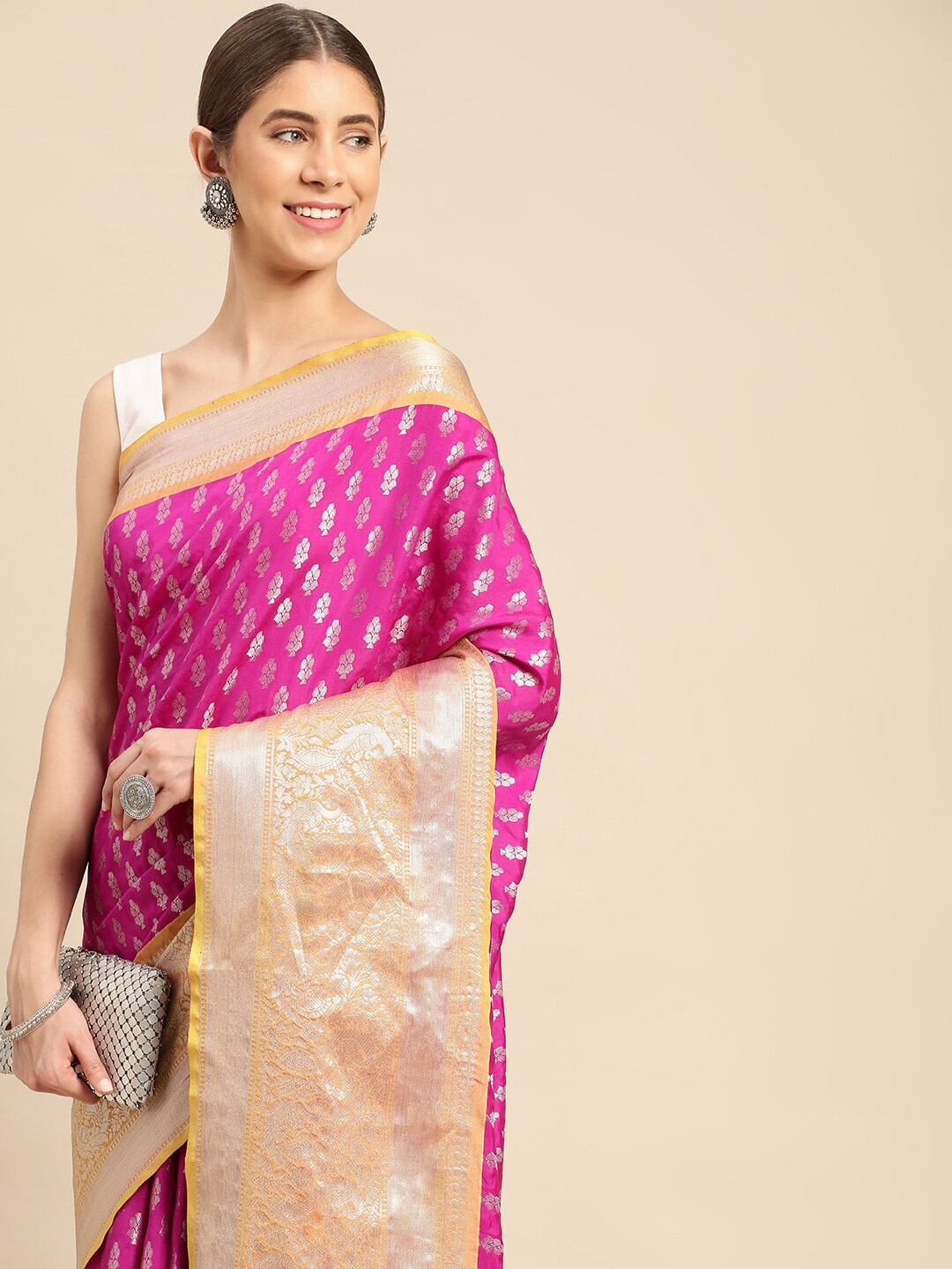 

PATLIPALLU Ethnic Motifs Woven Design Zari Banarasi Saree, Pink