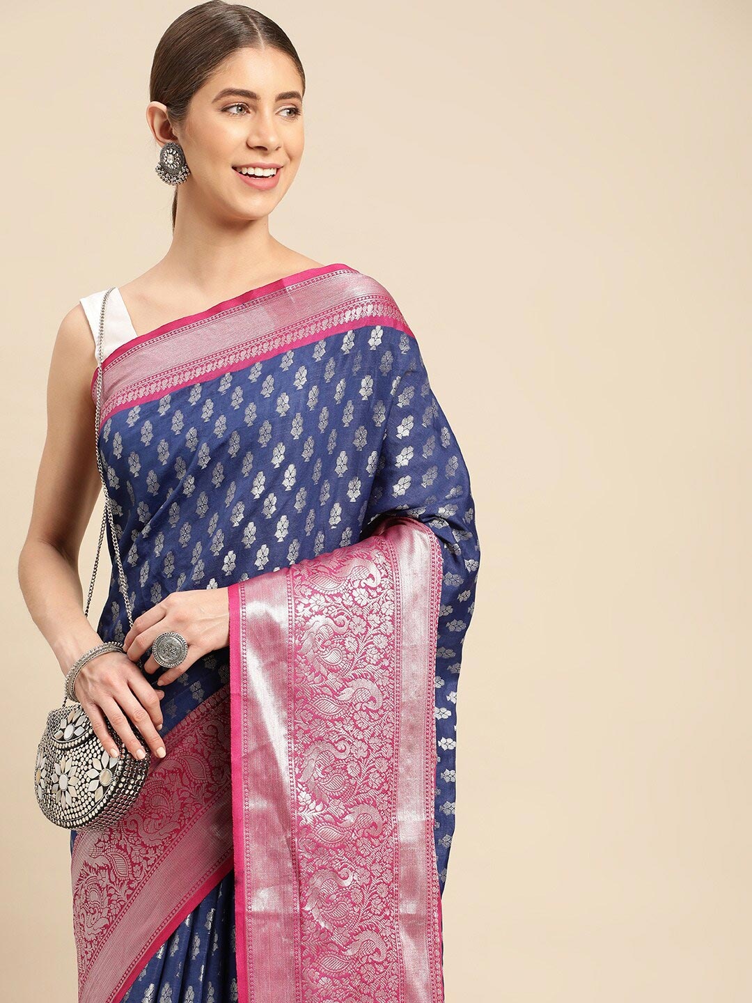 

PATLIPALLU Ethnic Motifs Woven Design Zari Banarasi Saree, Navy blue