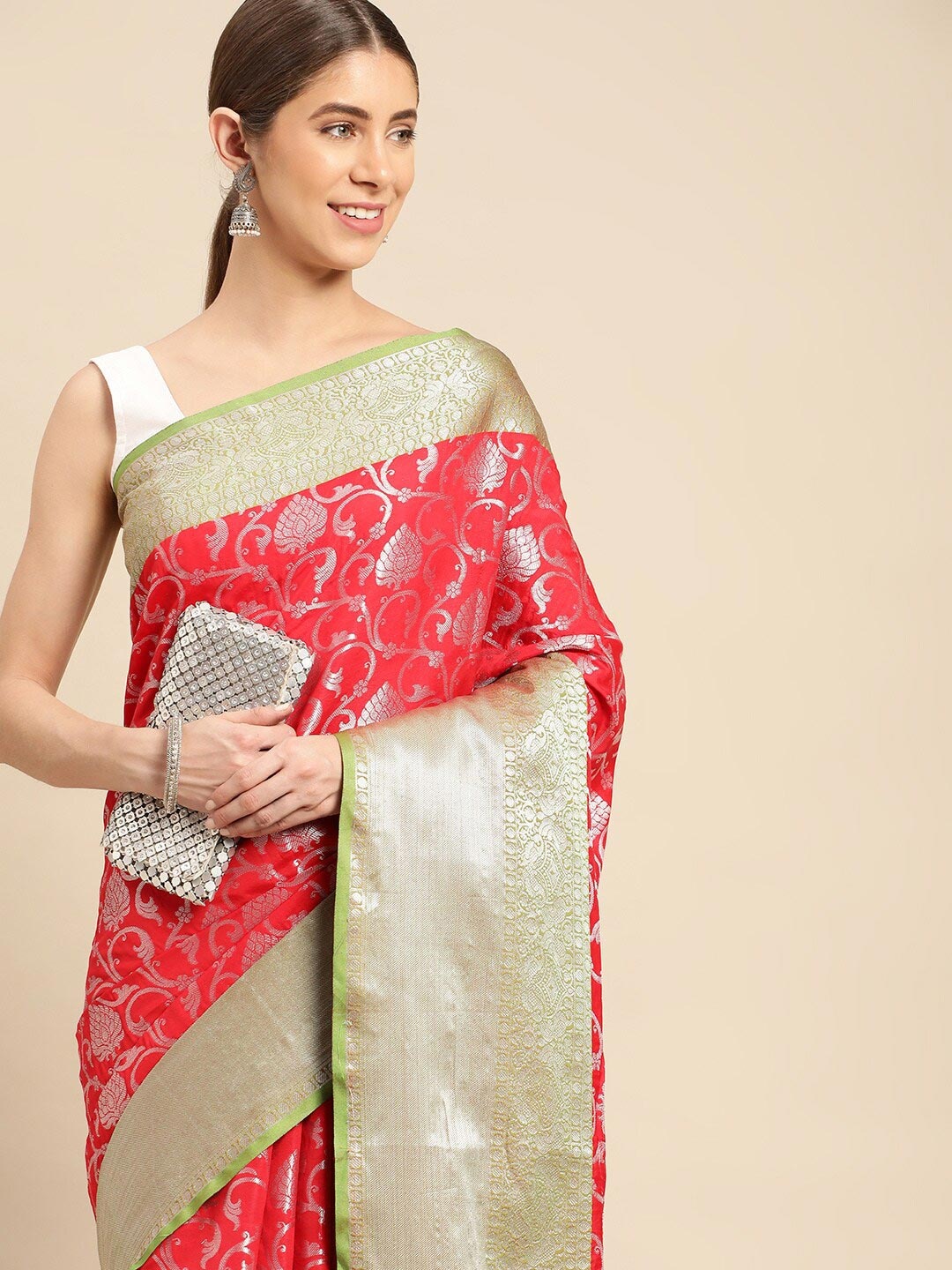 

PATLIPALLU Floral Woven Design Zari Art Silk Banarasi Saree, Red