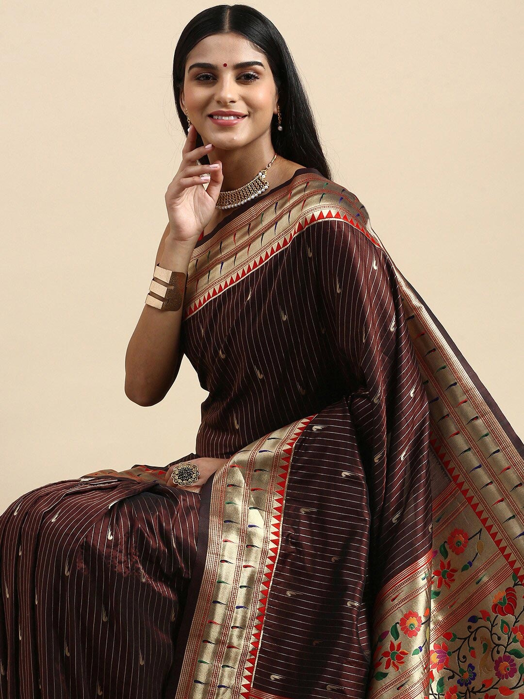 

PATLIPALLU Ethnic Motifs Woven Design Zari Paithani Saree, Brown
