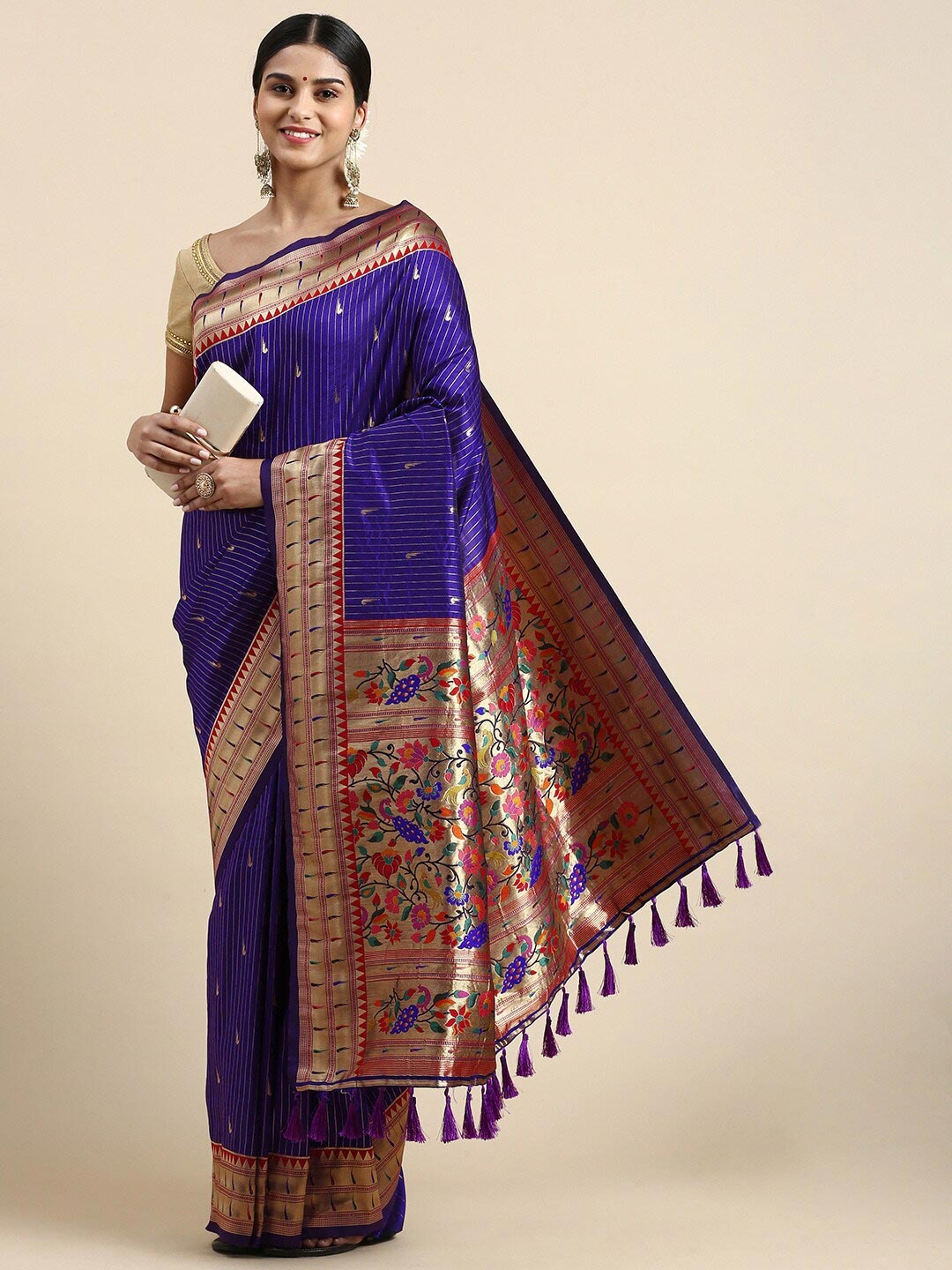 

PATLIPALLU Ethnic Motifs Woven Design Zari Paithani Saree, Purple