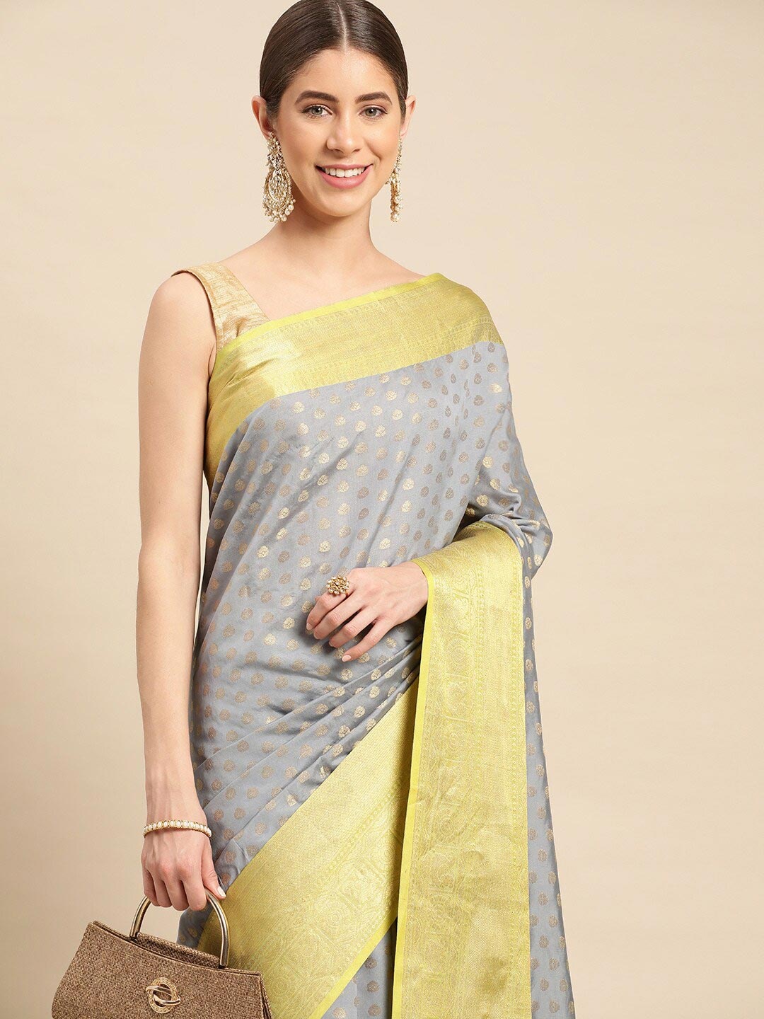 

PATLIPALLU Ethnic Motifs Woven Design Zari Banarasi Saree, Grey