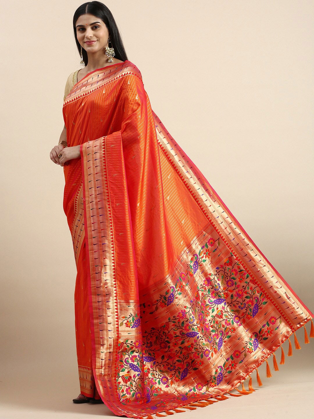 

PATLIPALLU Ethnic Motifs Woven Design Zari Paithani Saree, Orange