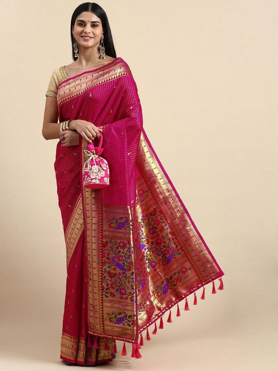 

PATLIPALLU Ethnic Motifs Woven Design Zari Paithani Saree, Pink