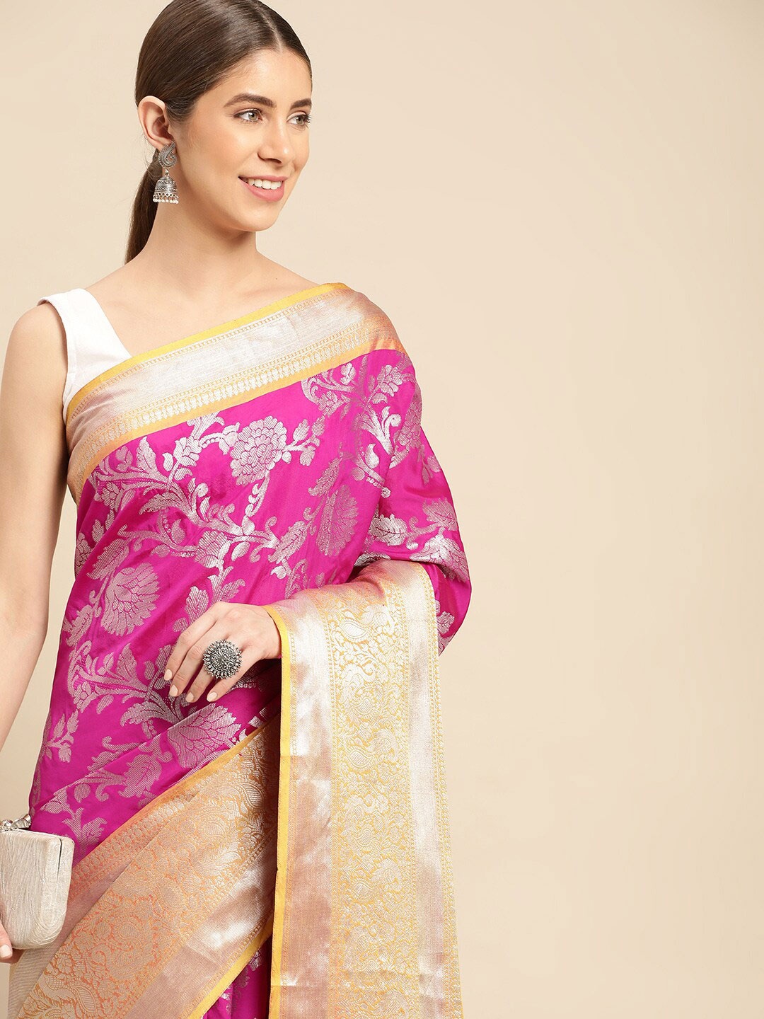 

PATLIPALLU Ethnic Motifs Woven Design Zari Banarasi Saree, Pink