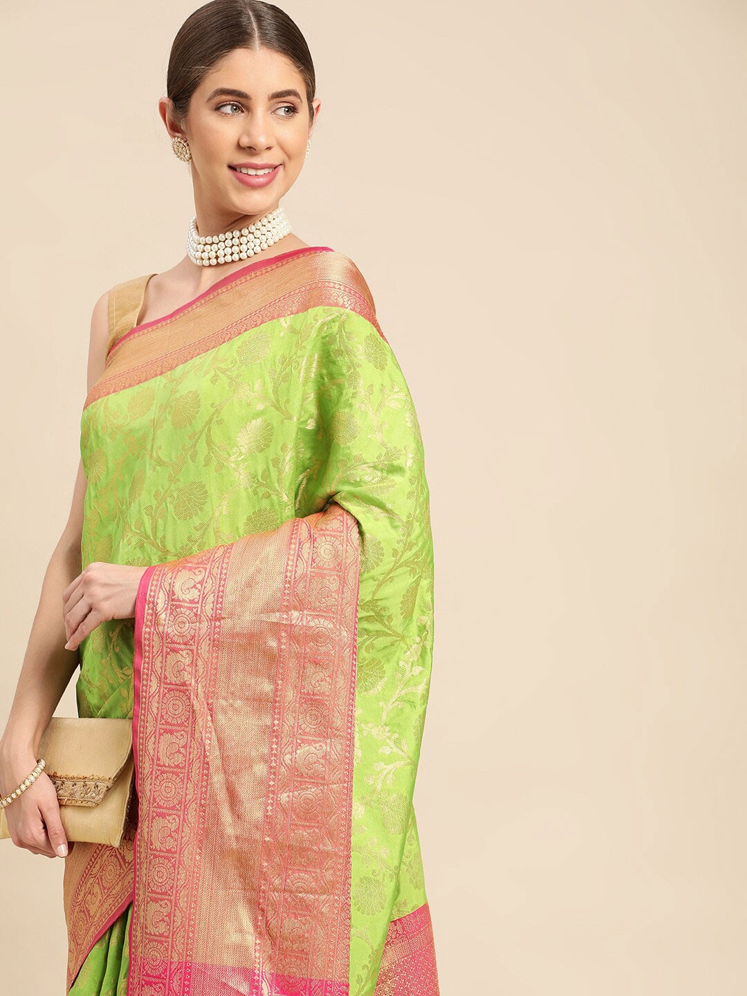 

PATLIPALLU Ethnic Motifs Woven Design Zari Banarasi Saree, Olive