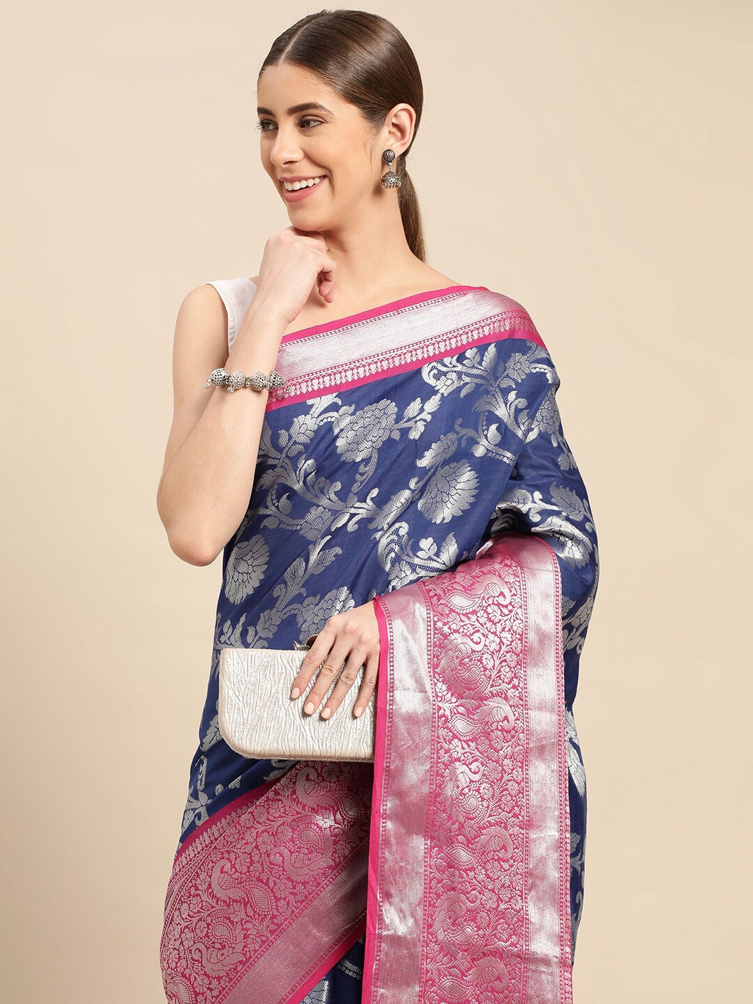 

PATLIPALLU Ethnic Motifs Woven Design Zari Banarasi Saree, Navy blue