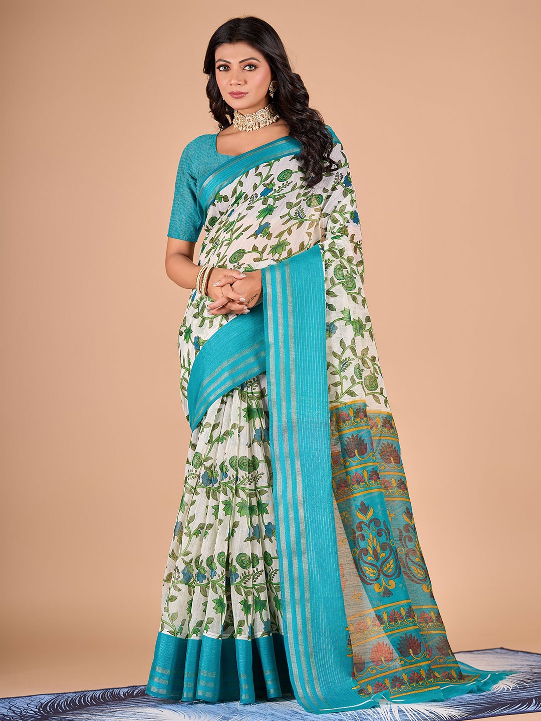 

NIRMAL CREATION Floral Printed Zari Saree, Turquoise blue