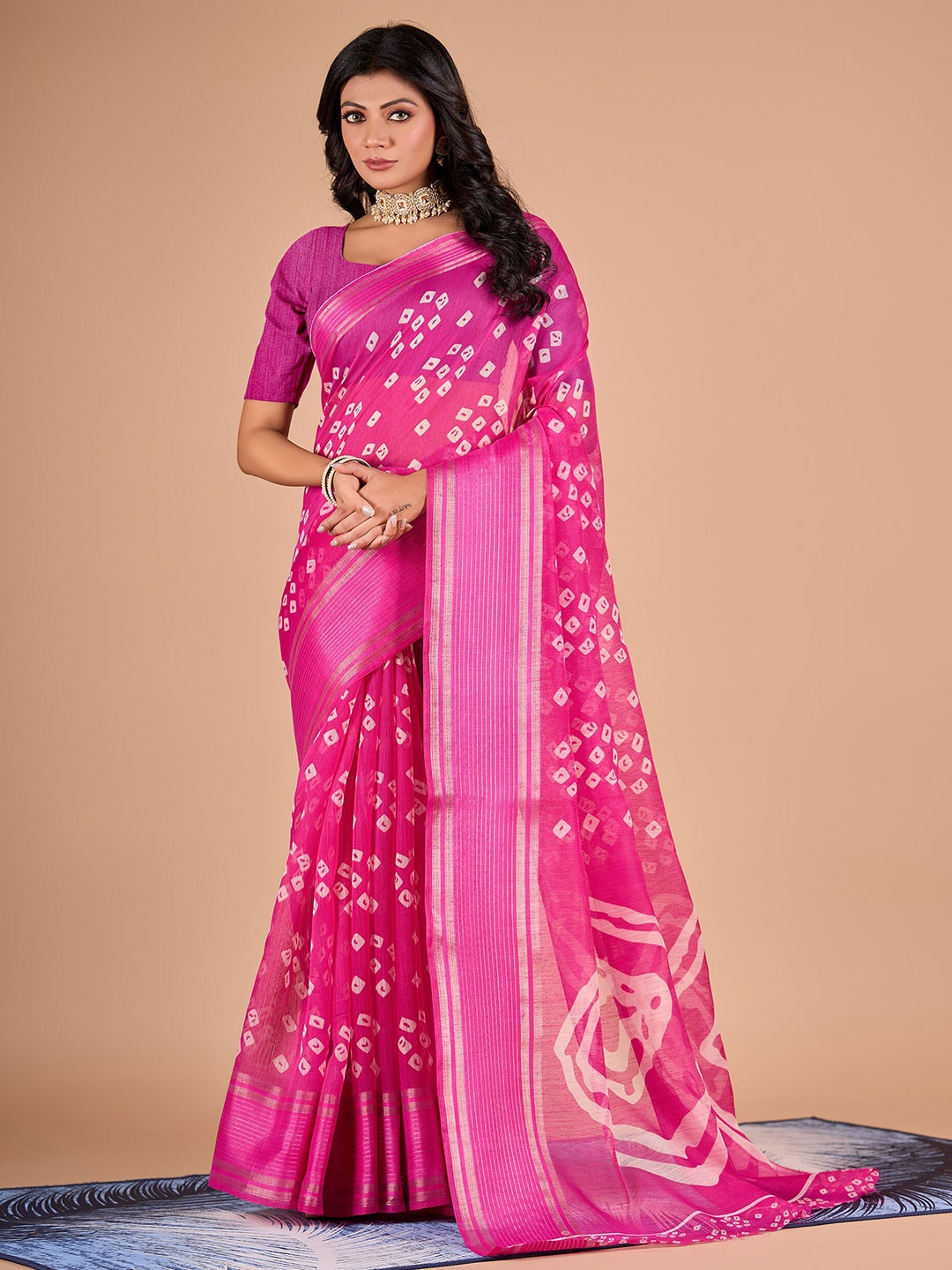 

NIRMAL CREATION Geometric Printed Zari Saree, Pink