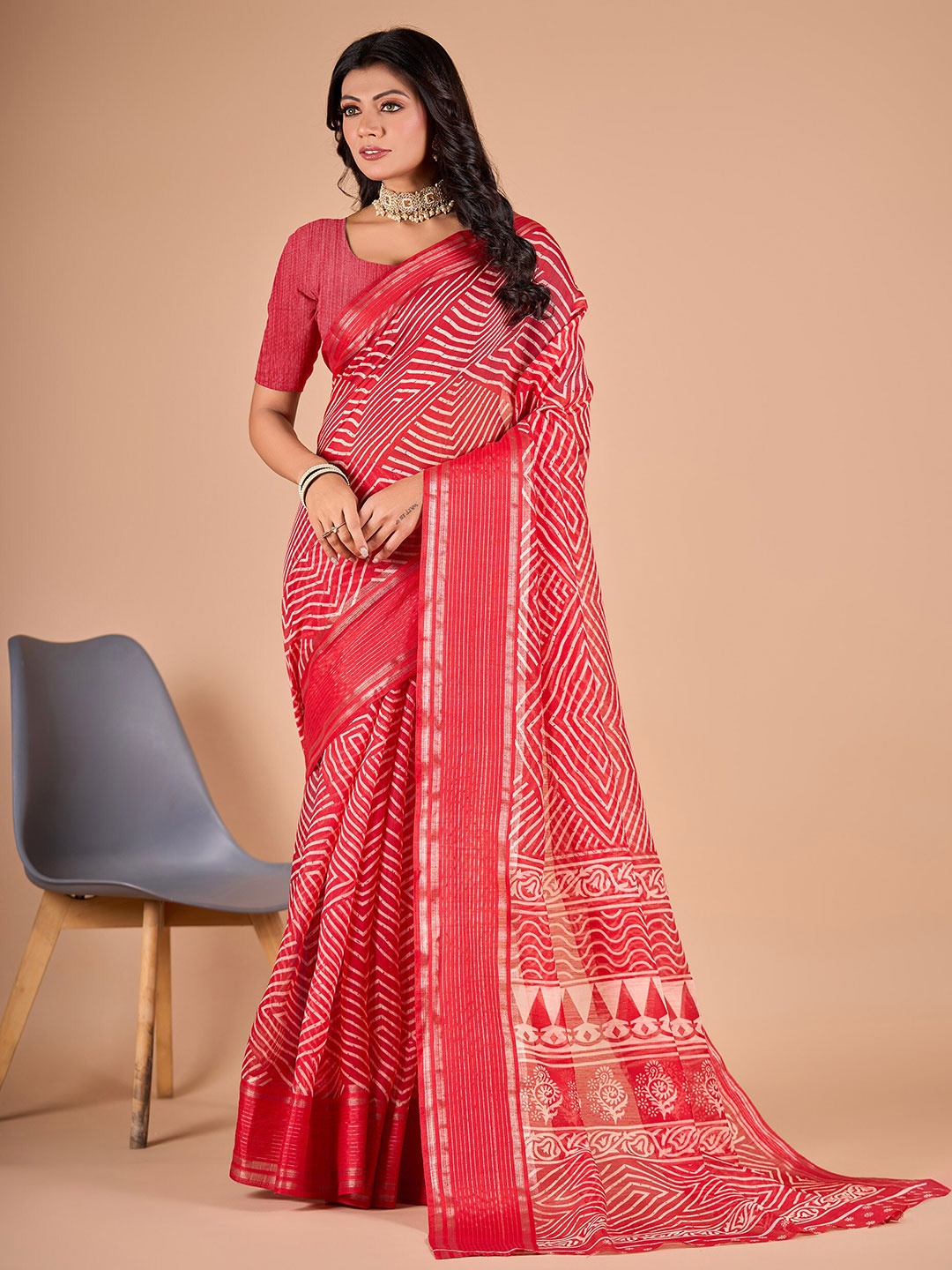 

NIRMAL CREATION Leheriya Printed Zari Saree, Red