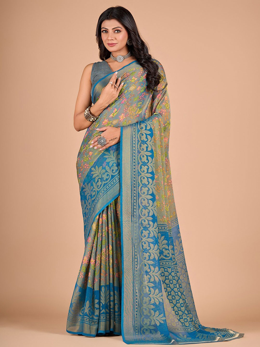 

NIRMAL CREATION Floral Printed Zari Saree, Green