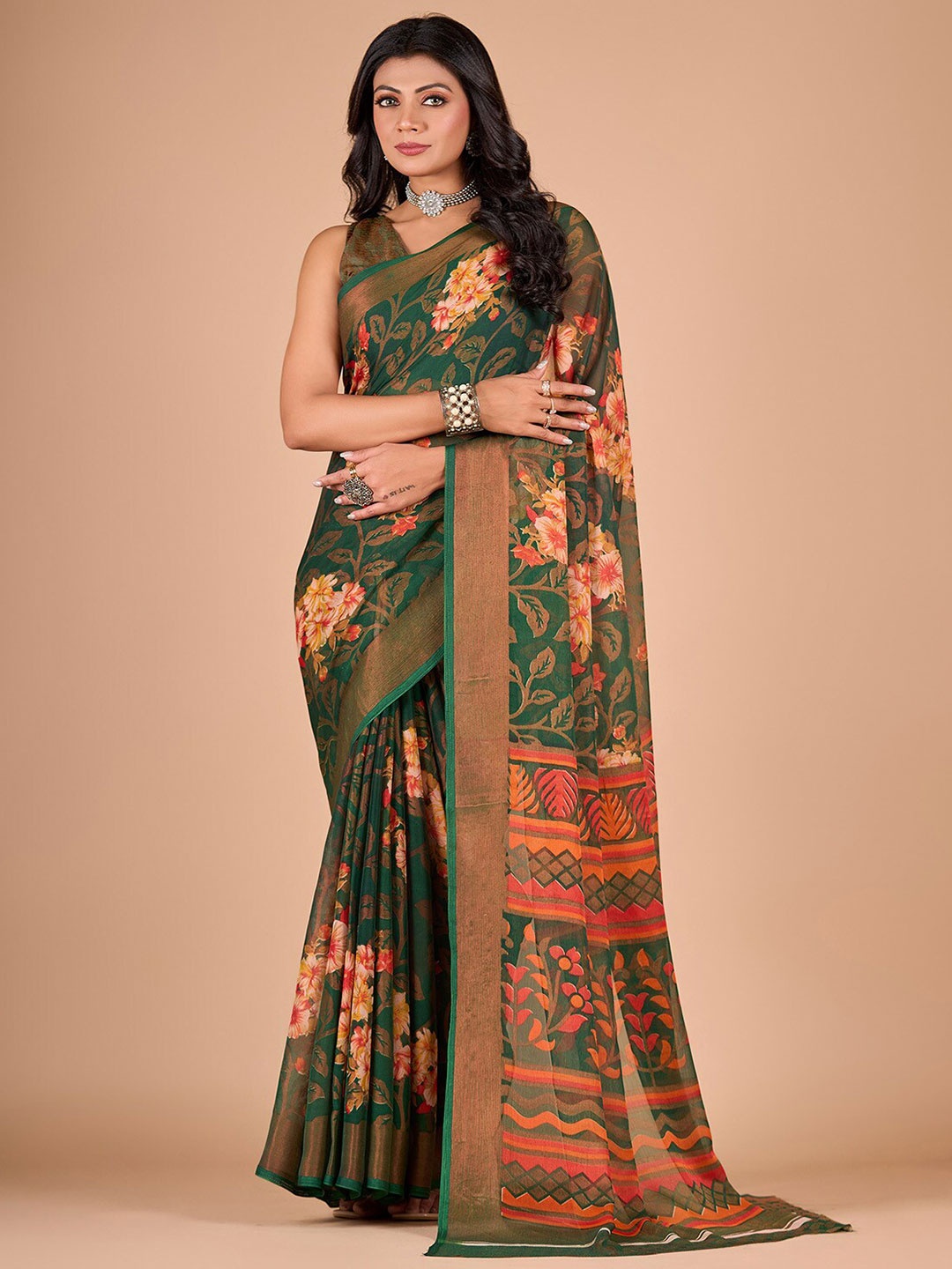 

NIRMAL CREATION Floral Printed Zari Saree, Green