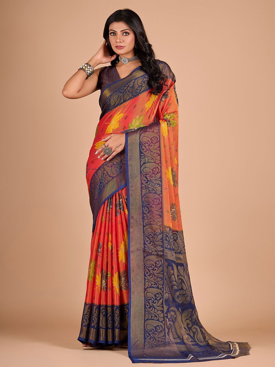 

NIRMAL CREATION Floral Printed Woven Design Zari Saree, Orange