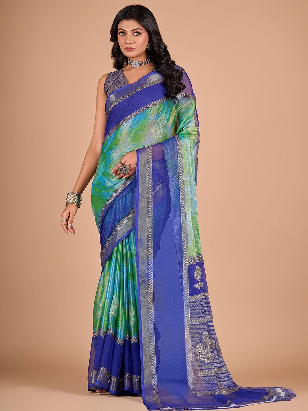 

NIRMAL CREATION Abstract Printed Zari Saree, Green