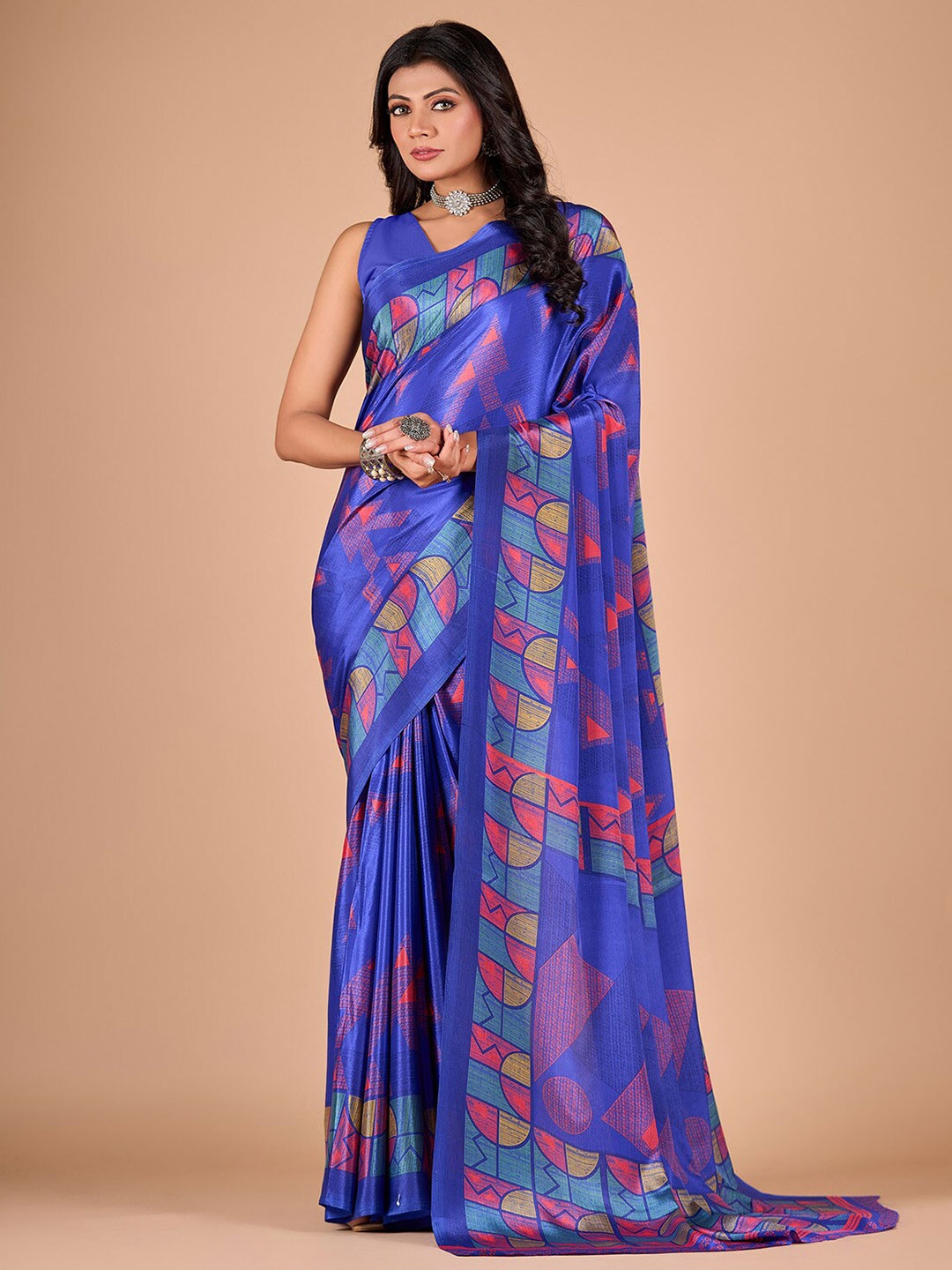 

NIRMAL CREATION Geometric Printed Saree, Blue