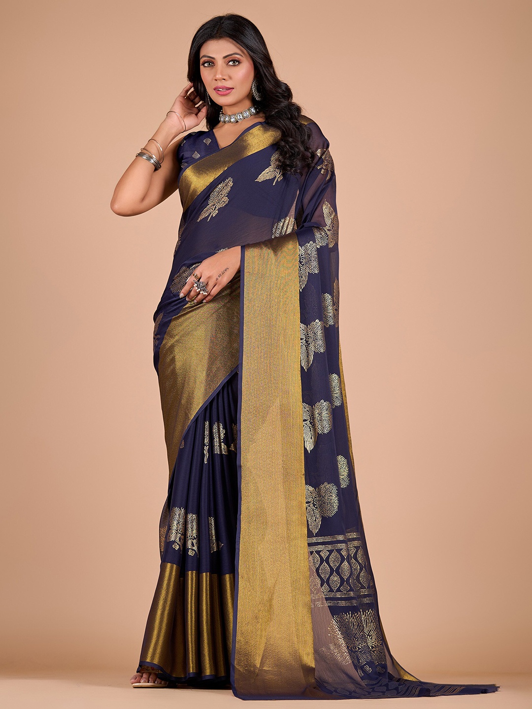 

NIRMAL CREATION Ethnic Motifs Printed Zari Pure Chiffon Saree, Navy blue