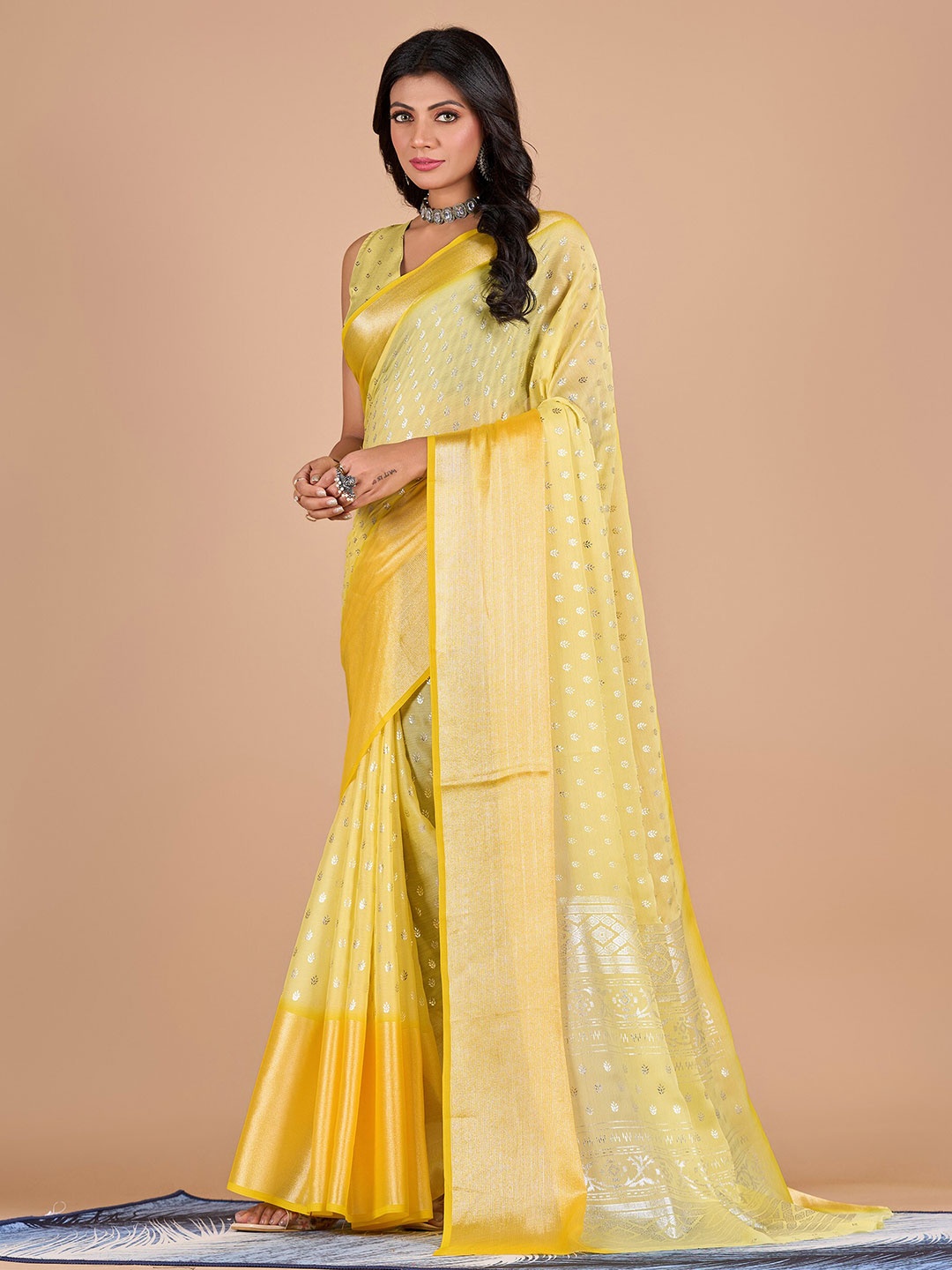 

NIRMAL CREATION Ethnic Motifs Printed Zari Pure Chiffon Saree, Yellow