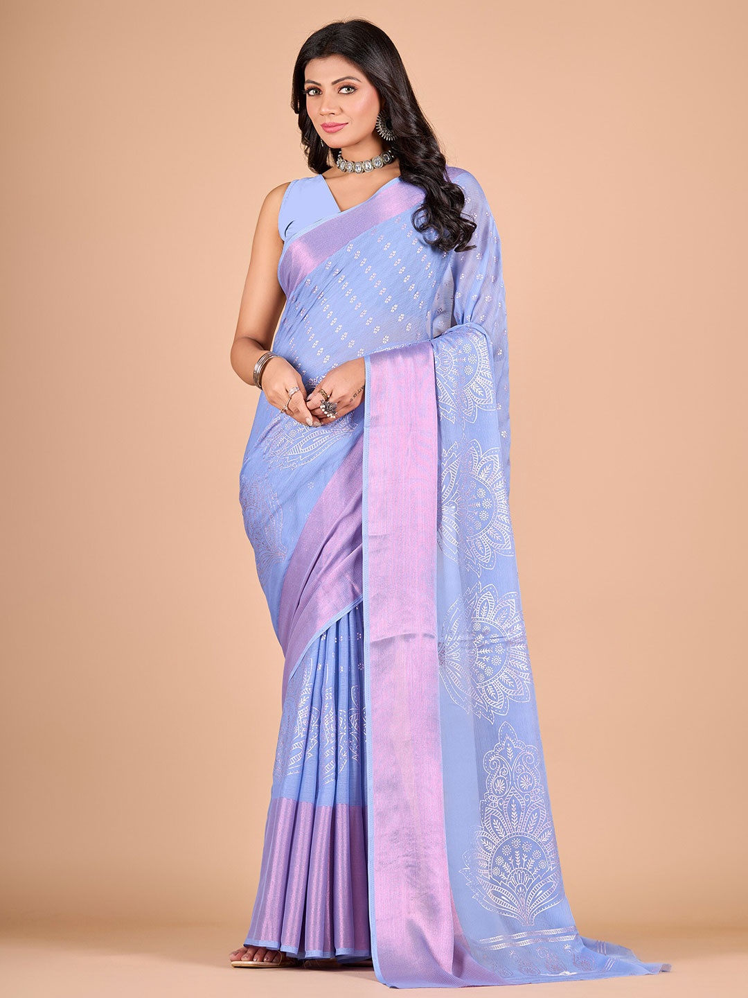 

NIRMAL CREATION Floral Printed Pure Chiffon Saree, Lavender